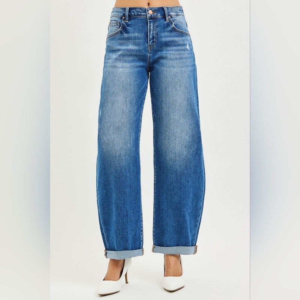 RISEN Mid Rise Dark Wash Barrel Jeans Double Roll Cuffed Full Length Various NEW - Picture 13 of 15